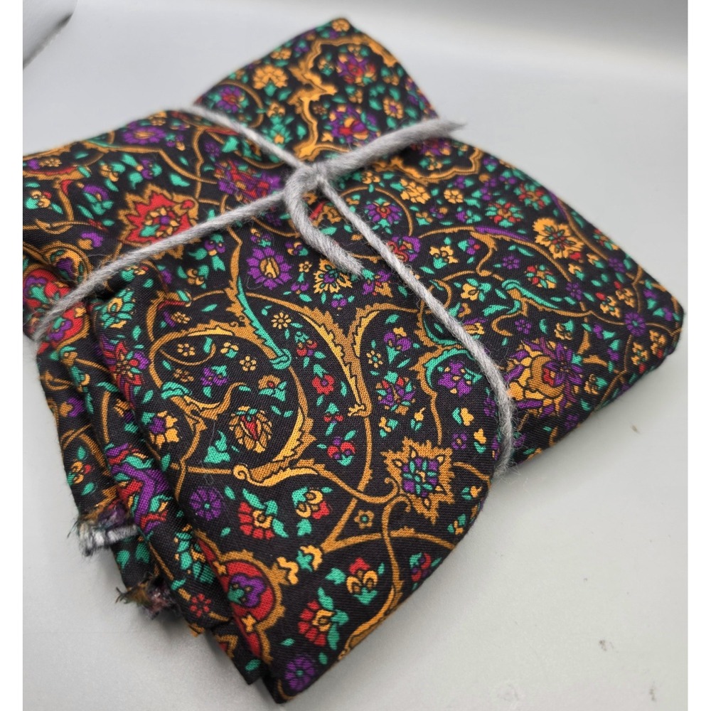 Floral Medallion Fabric Remnant Black Jewel Tone Paisley Sewing Craft Yardage